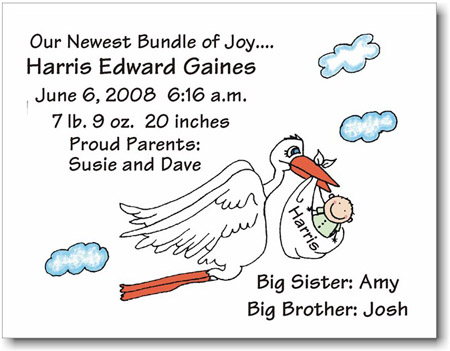 Pen At Hand Stick Figures Birth Announcements - Stork - Boy Pen At Hand Stick Figures Birth Announcements - Stork - Boy
